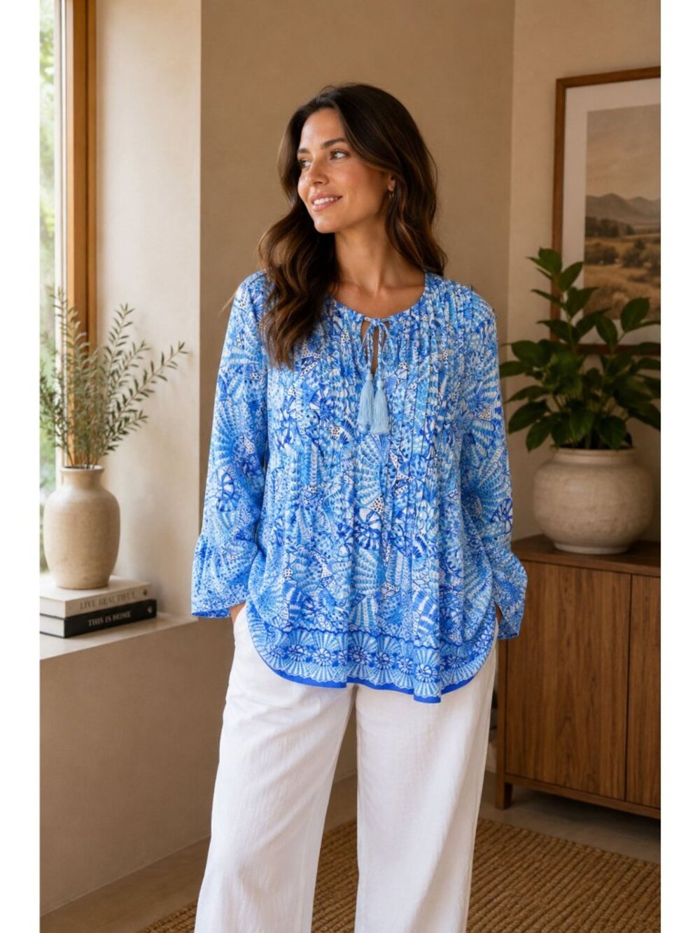 Lilly Pulitzer Marilina Tunic Blouse Amalfi Blue By The Seashore SZ M
